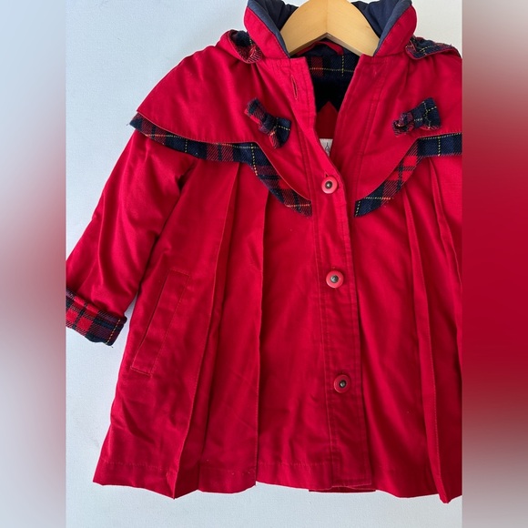 London Fog -Vintage Pleated Coat -Red with Plaid Details -Detachable Hood-Size2 - Picture 5 of 13